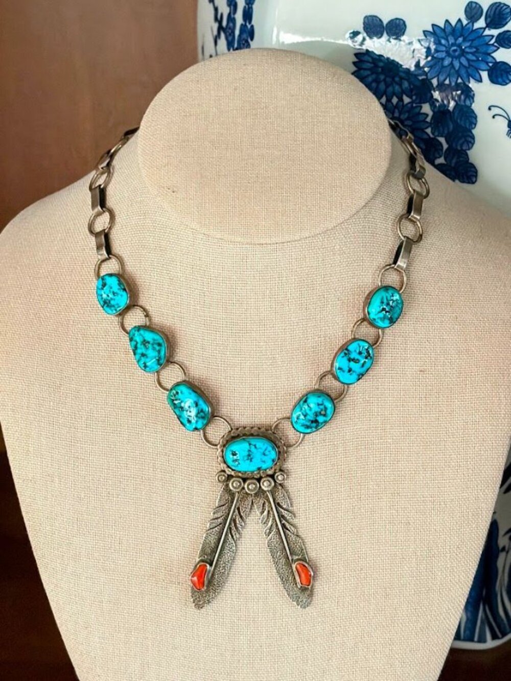 Vintage HBY Harry B Yazzie Navajo Sterling Turquoise Coral Feather Necklace - Picture 2 of 10
